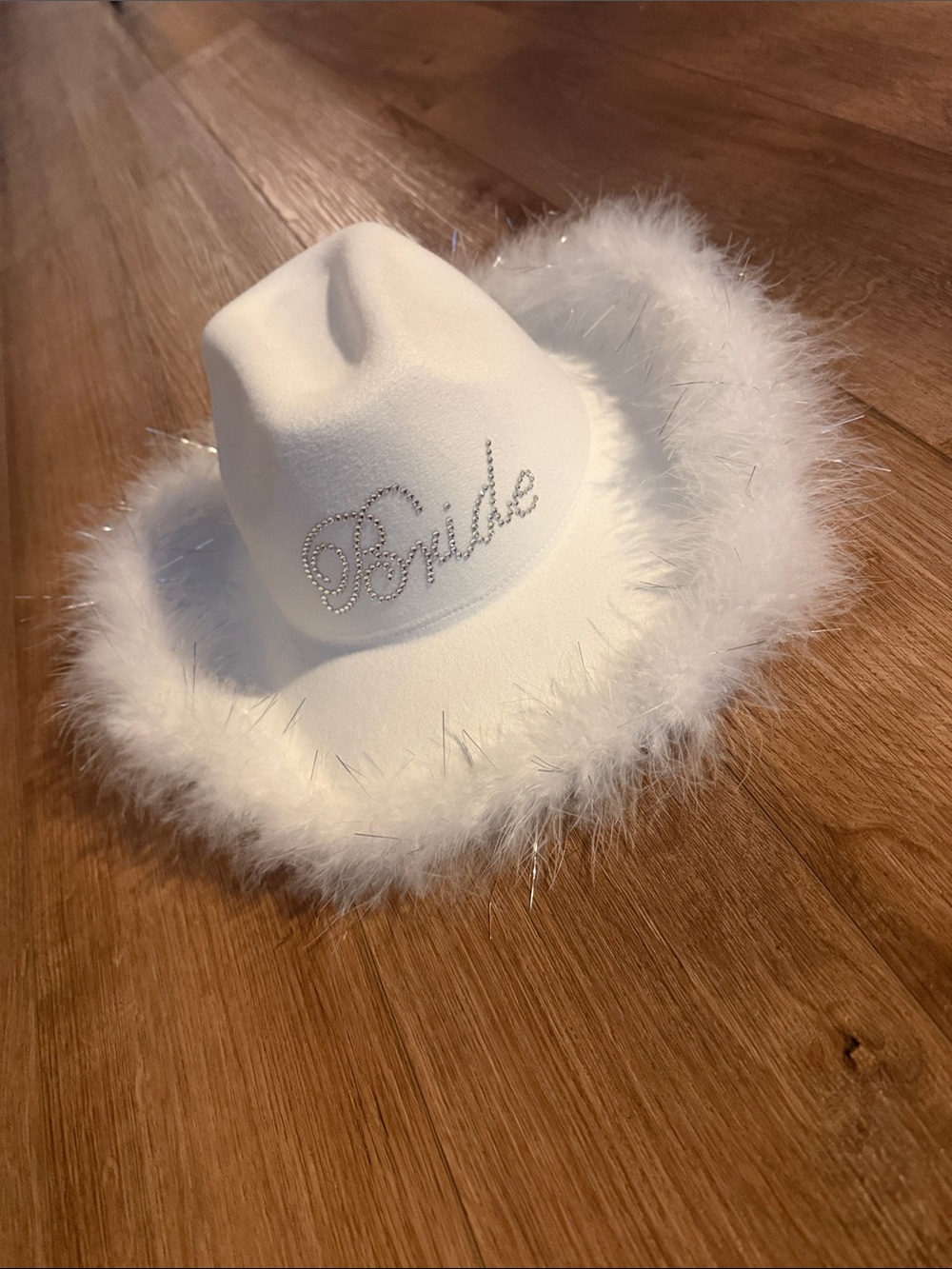 Bride White Feather Trim Cowboy Hat with Rhinestone Script